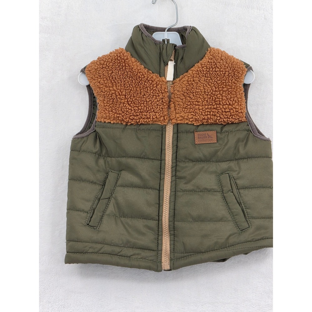 Eddie Bauer Kids 3T Puffer Vest Olive Green Sherpa Yoke Full Zip Outerwear